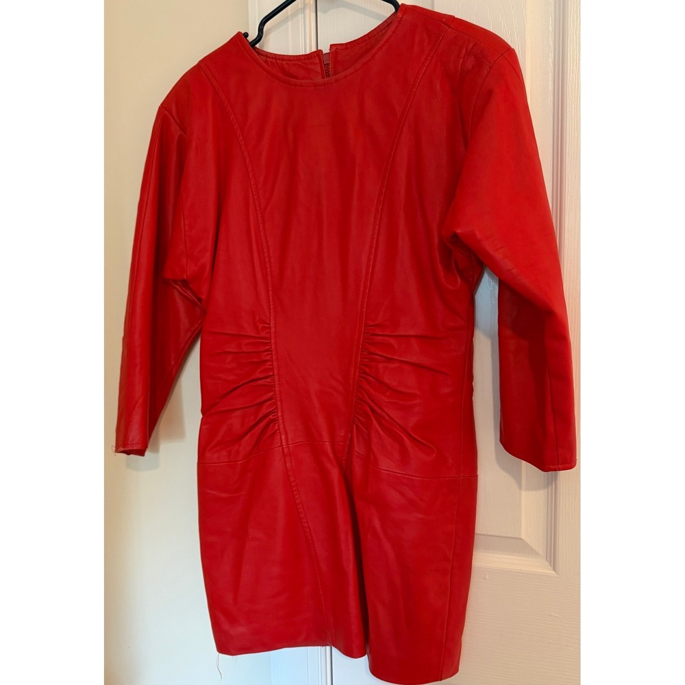 Vintage 80s Red Leather Mini Dress Ruched Waist 3/4 Sleeve Crew Neck Size XL